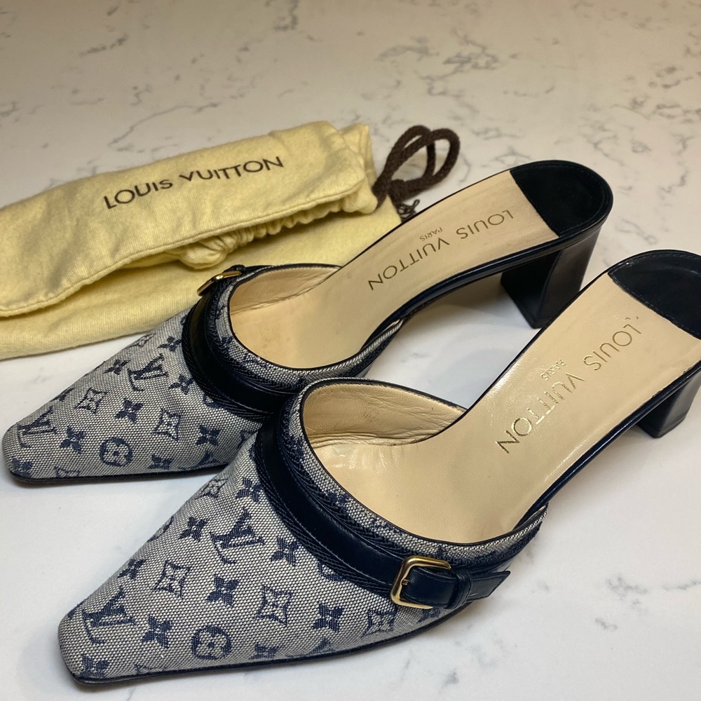 Louis Vuitton Mini Lin Mules Navy Grey